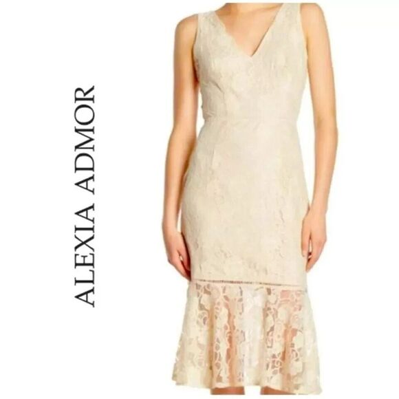NWT Alexia Admor Midi Dress Lace Overlay Deep-V Sleeveless, Off White Size 14 L - Picture 2 of 9